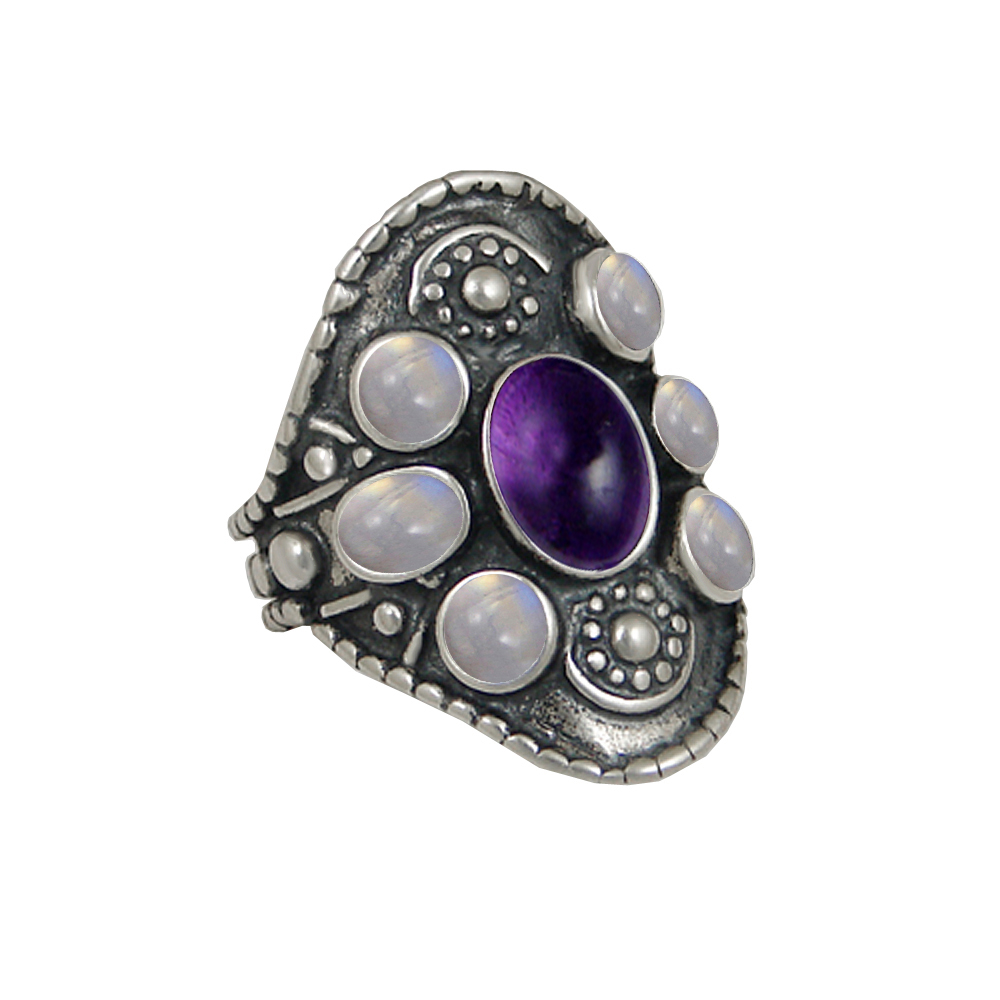 Sterling Silver High Queen's Ring With Amethyst And Rainbow Moonstone Size 6